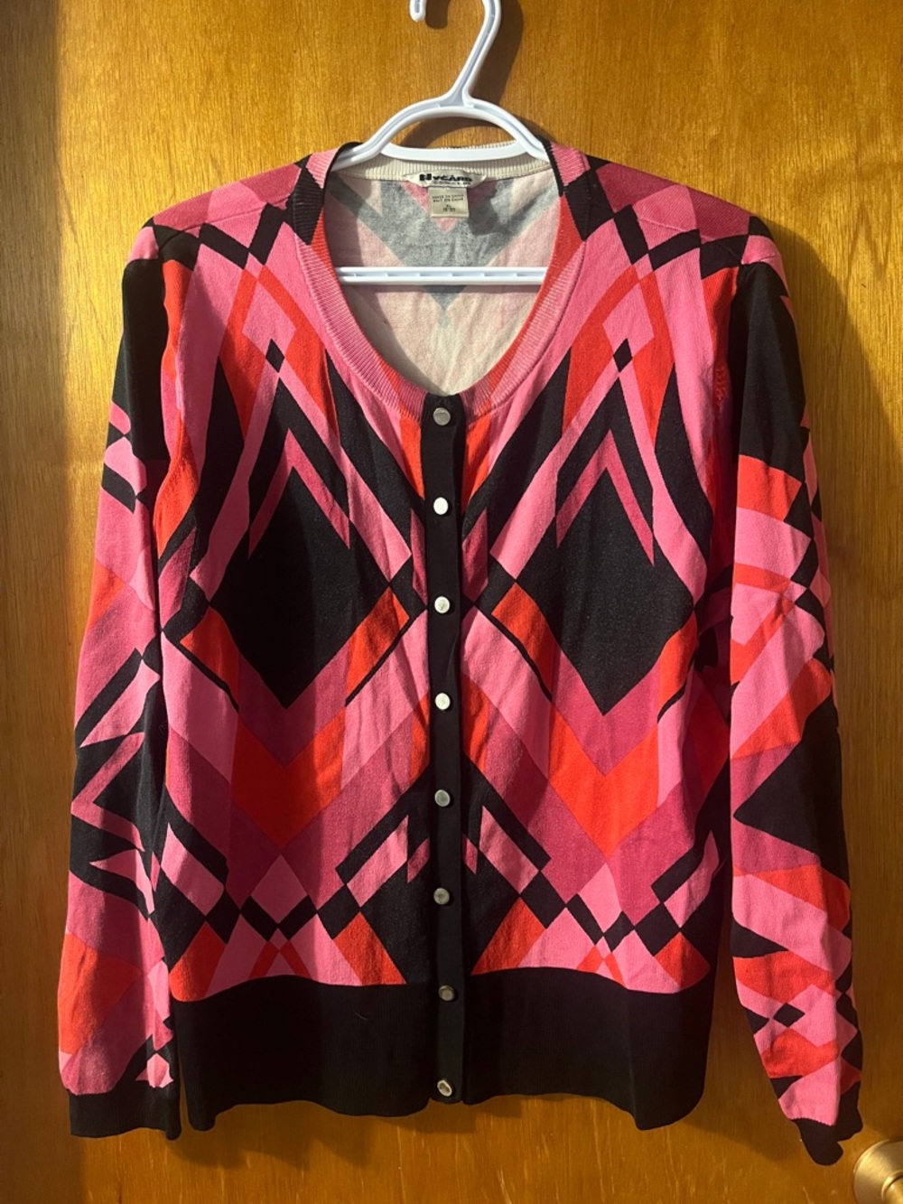 Woman’s Nygard Collection Bold Pink & Black Geometric Cardigan Sweater XL